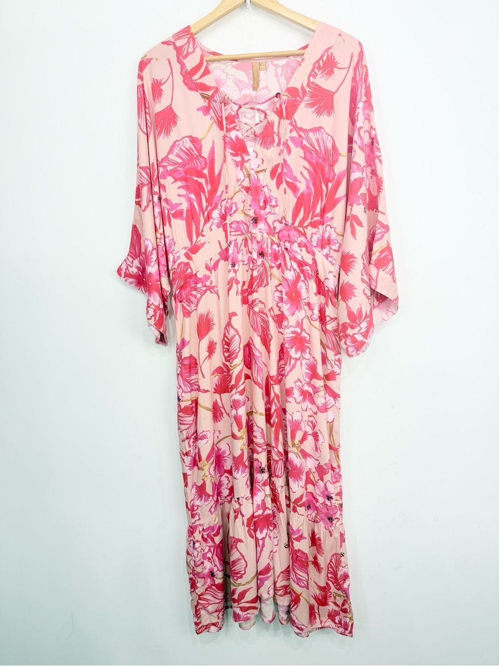 On Shore Pink Floral Tropical Print Cinch Waist Resort Wear Beach Maxi Dress NEW